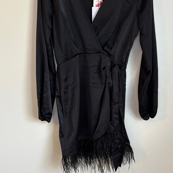 Wayf Black Wrap Dress with Feather Detail - Picture 3 of 6